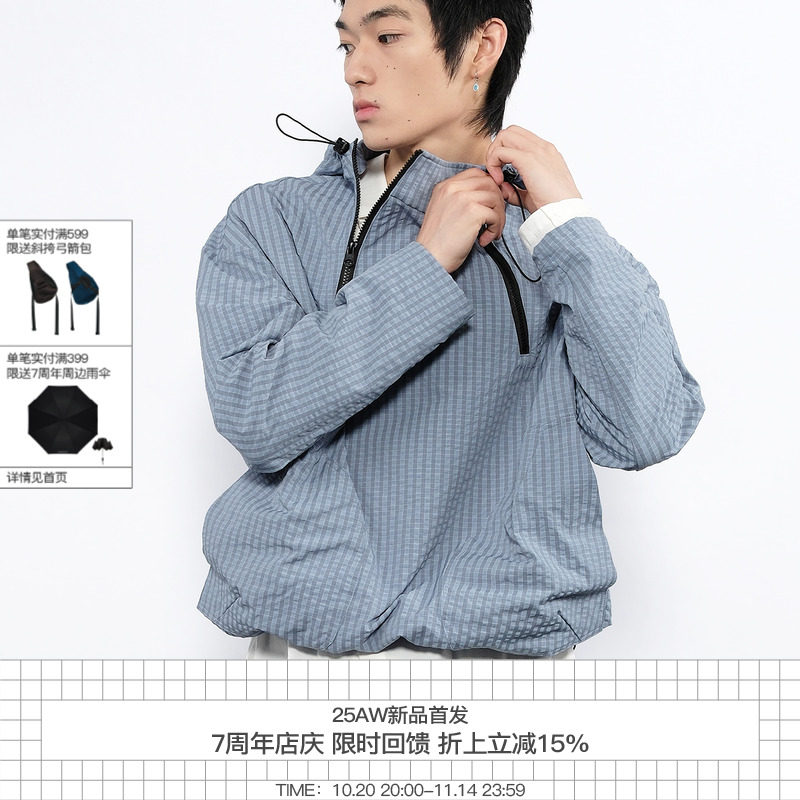 7440 37 1 AW25 肌理蓝格纹双拉链口袋收省抽绳套头夹克