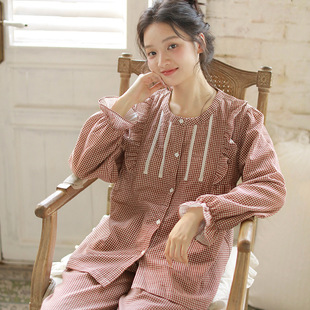 春夏季睡衣女带胸垫纯棉棉纱圆领开衫高级感长袖薄款家居服套装