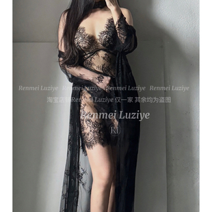 RenmeiLuziye【夏夜入梦】纯欲蕾丝绑带镂空开衩吊带睡裙透纱诱惑
