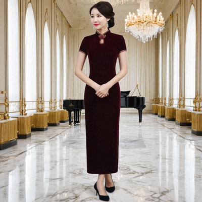 夏装纯色金丝绒日常可穿妈妈旗袍