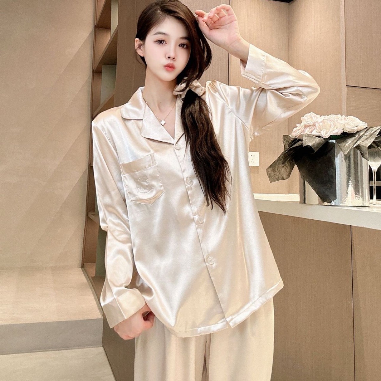 明星同款烫钻冰丝薄款睡衣套装