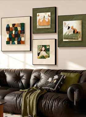 3D立体实木客厅装饰画中古风沙发背景墙电视墙绿色轻奢高级感挂画