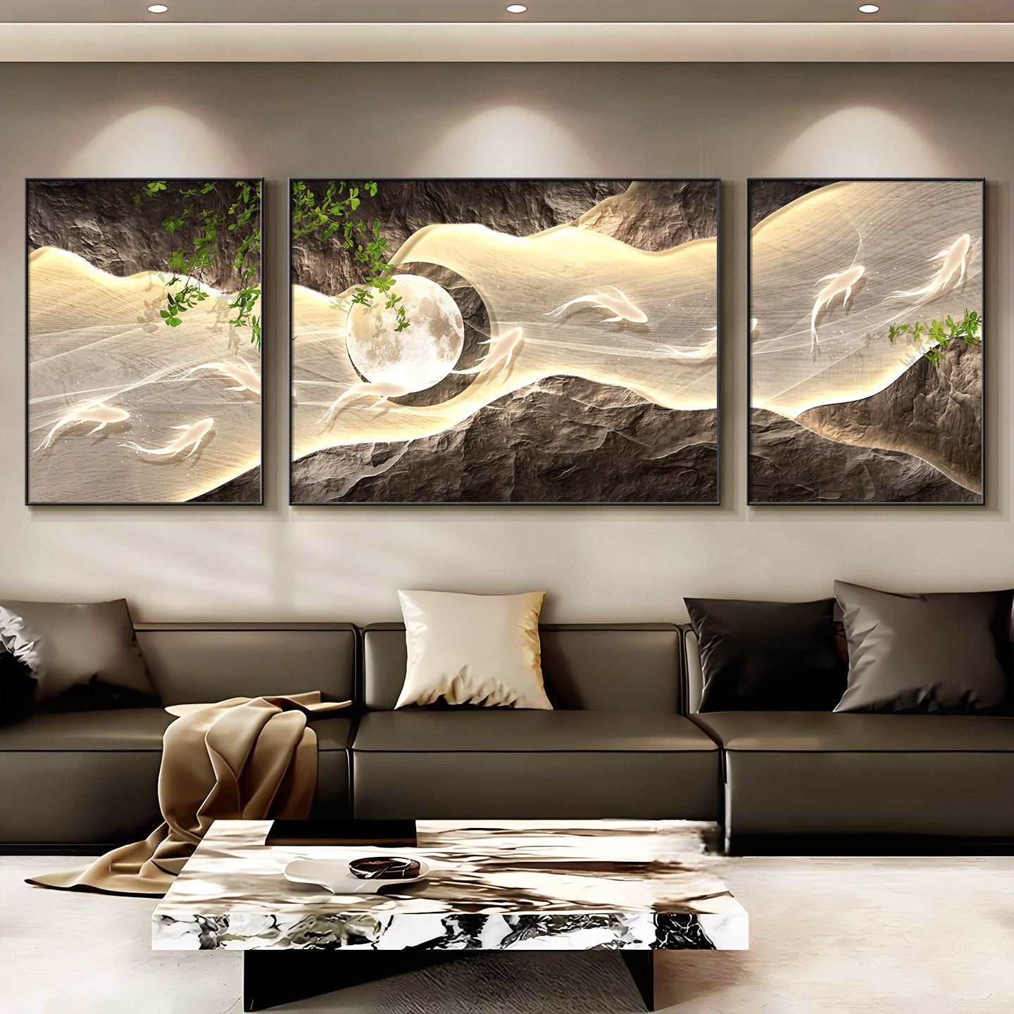 挂画客厅2026新款沙发背景墙装饰画轻奢高级感九鱼图三联餐厅壁画