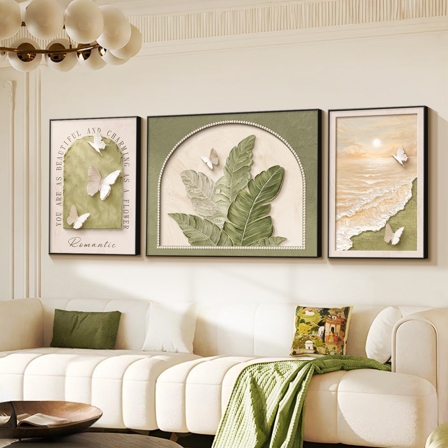 沙发背景墙挂画轻奢高级感2025新款奶油风叶子客厅沙发背景墙挂画