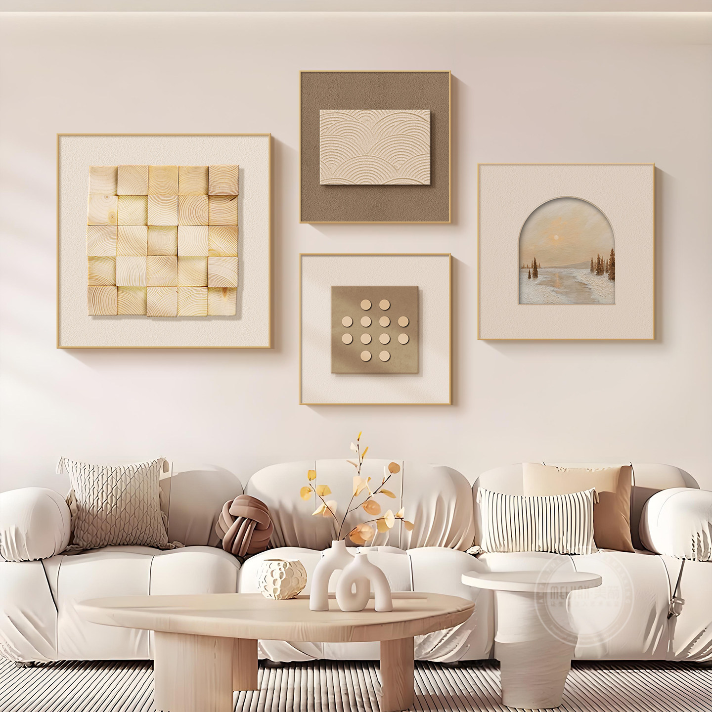 奶油风客厅挂画3D立体砂岩实物画2026新款原木风沙发背景墙装饰画