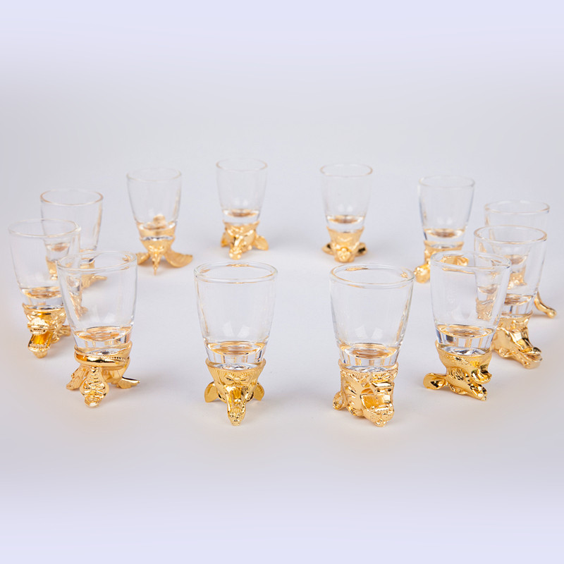 家用玻璃白酒杯套装12只创意复古小号一口杯十二生肖酒杯中式酒具