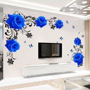 墙纸自粘卧室客厅蓝色花墙贴纸电视背景墙贴画房间装 饰品墙壁贴花