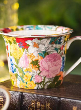 花海系列陶瓷马克杯带盖办公室水杯2024新款女早餐杯高颜值咖啡杯