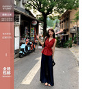 佐佐家小个子深蓝色垂坠感高腰休闲阔腿牛仔裤 子 夏季 女宽松直筒裤