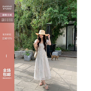 佐佐家小个子方领提花刺绣法式 女显瘦长裙子 泡泡袖 收腰连衣裙夏季