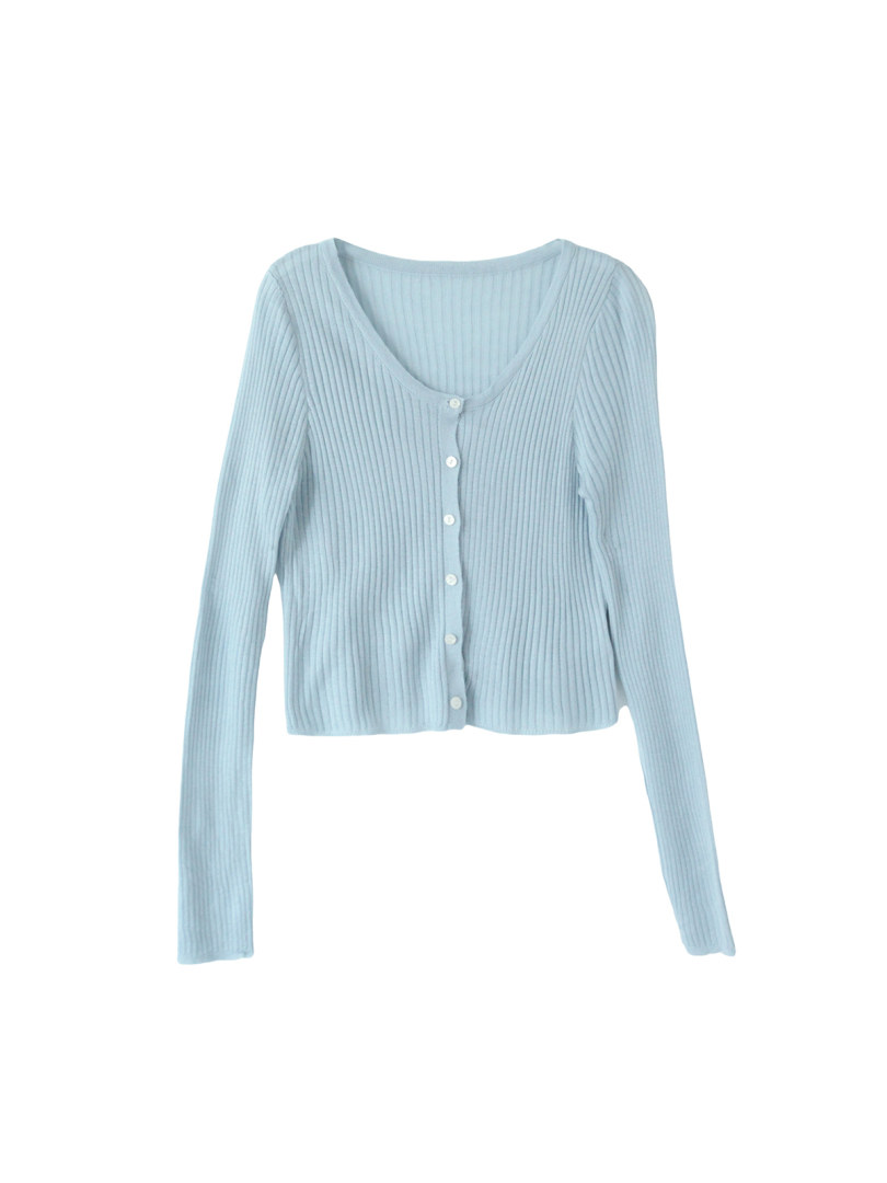 Light blue ribbed button-front cardigan sweater laid flat on a white background