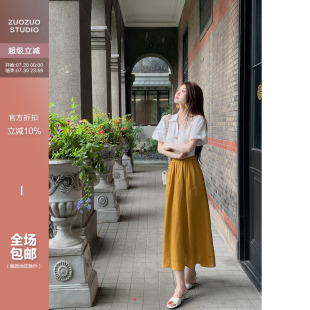 上衣女夏季 佐佐家小个子 衬衫 复古短款 亚麻半裙两件套 气质泡泡袖