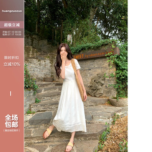 佐佐家小个子法式初恋风钩花白色蕾丝连衣裙夏季女收腰茶歇长裙子