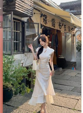佐佐家小个子新中式网纱拼接改良旗袍长裙女春夏季不规则连衣裙子