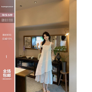 佐佐家小个子气质方领背心长裙子夏季女优雅不规则下摆拼纱连衣裙