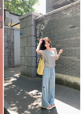 佐佐家小个子高腰割破洞阔腿裤夏季女宽松垂坠感蓝色牛仔直筒裤子