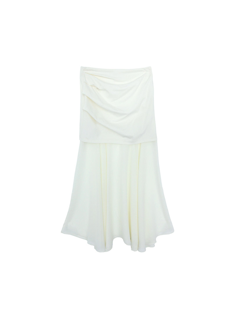 White strapless layered dress on a white background