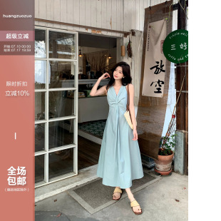 佐佐家小个子气质扭结v领无袖收腰连衣裙夏季女高腰显瘦a字长裙子