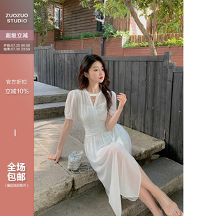 裙子 佐佐家小个子 法式 气质v领镂空连衣裙女夏季 褶皱收腰中长款
