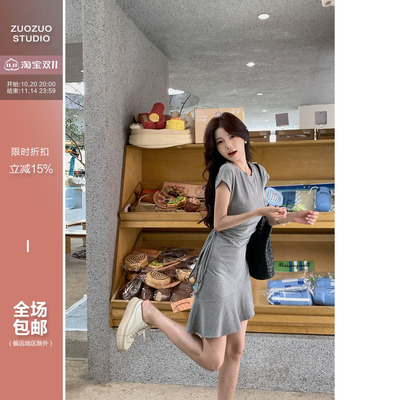 佐佐家小个子韩系飞飞袖显瘦不规则连衣裙夏季女收腰修身短款裙子