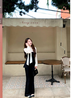 佐佐家小个子 韩系系带衬衫上衣吊带裤子三件套春秋季女温柔套装