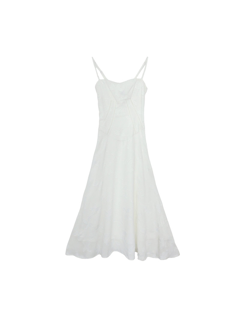 White spaghetti-strap midi dress on a plain background