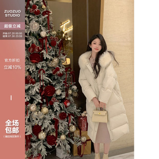 佐佐家小个子 宽松连帽白鸭绒百搭外套 大毛领中长款 羽绒服女冬季