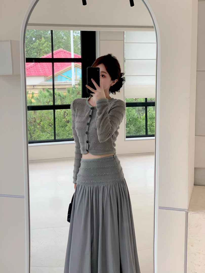 Gray two-piece outfit with a long-sleeve crop top and matching maxi skirt worn by a model