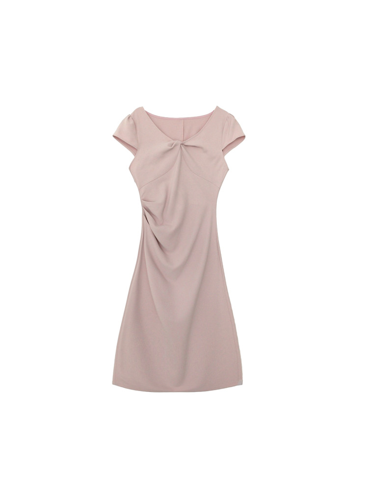 Beige short-sleeve fitted dress on a white background