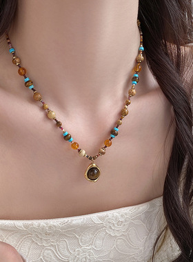 钛钢石头琉璃串珠圆形吊坠项链复古民族风锁骨链小众设计感毛衣链