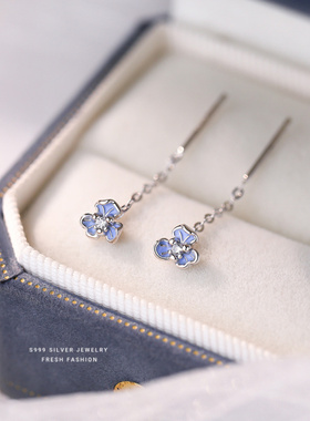 滴胶蓝色小清新鸢尾花朵耳钉女s999纯银韩版时尚锆石耳线流苏耳饰