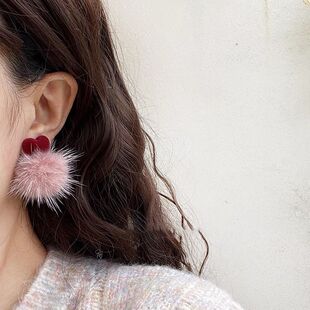 热销新品秋冬季酒红丝绒爱心耳钉毛绒球水貂甜美清新耳夹耳饰批发