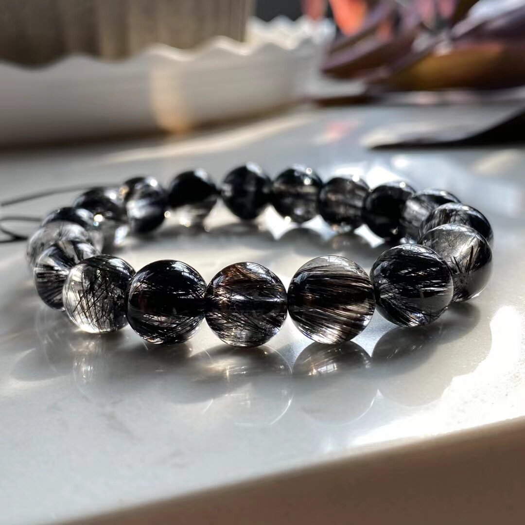 珍藏级天然巴西黑发晶手链清透顺发黑水晶发丝钛晶男女本命年手串
