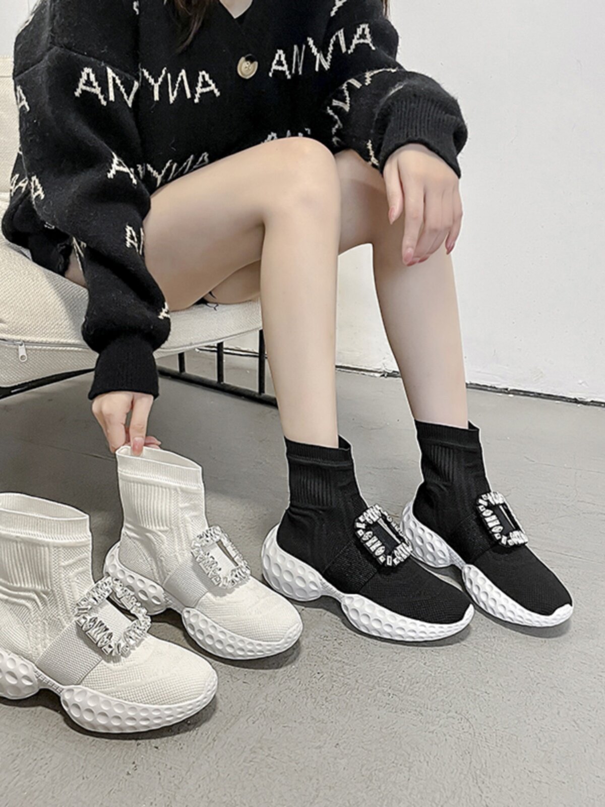 RV RHINESTONE SQUARE BUCKLE KNITTED BOOTIES SOCK SHOES ATHLEISURE HEIGHTENED GENUINE LEATHER PLATFORM SOLES DAD SHOES STRETCH SKINNY BOOTS