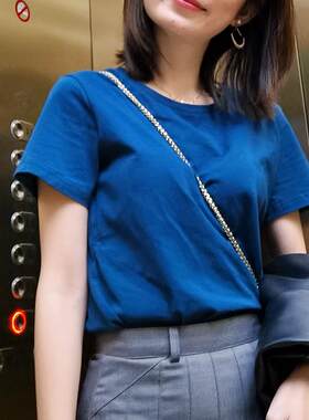 2024年新款经典流行色宝石蓝孔雀短袖纯棉宽松百搭春夏白色t恤女