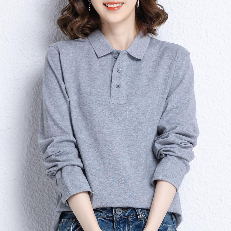纯棉长袖t恤女2025春秋宽松翻领运动上衣polo衫定制印logo工作服