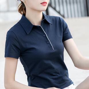 纯棉短袖t恤女黑色夏季新款翻领运动大码polo衫有带领子上衣休闲T