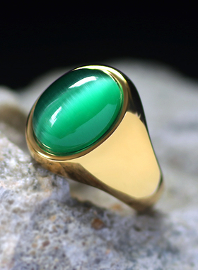 绿色猫眼石戒指钛钢男士简约戒子