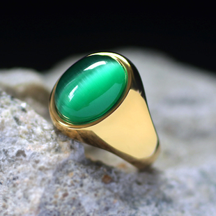 碧绿色猫眼石戒指钛钢男士简约戒子指环时尚个性潮人镀金首饰刻字