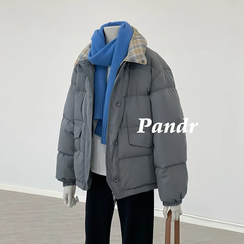 韩系复古格子两面穿羽绒服