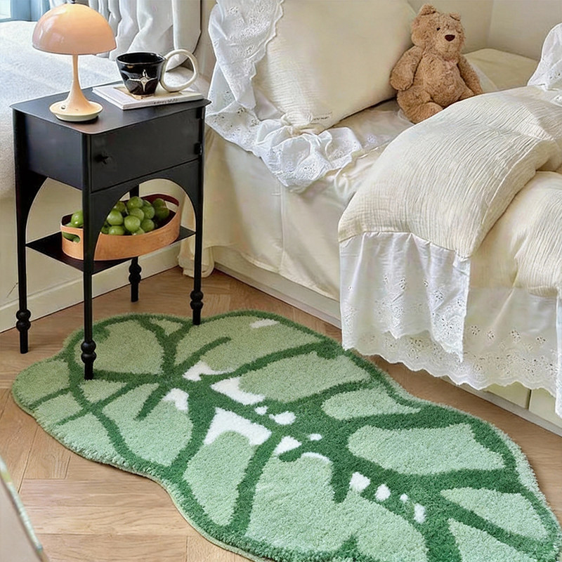 绿色龟背竹植绒地毯卧室床边毯北欧客厅地垫异形防滑垫子毛绒脚垫,居家布艺,床边毯,淘宝优惠券,粉丝福利购,淘宝优惠卷