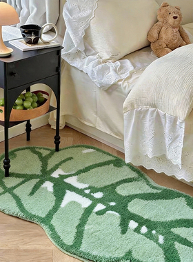 绿色龟背竹植绒地毯卧室床边毯北欧客厅地垫异形防滑垫子毛绒脚垫