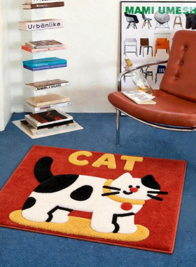 复古卡通猫咪植绒地垫加厚不掉毛家用客厅卧室防滑耐磨簇绒地毯