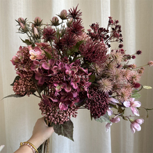复古洋红豆沙粉紫绣球野果刺芹针垫仿真花手捧花装饰家居摆放道具
