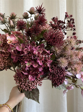 复古洋红豆沙粉紫绣球野果刺芹针垫仿真花手捧花装饰家居摆放道具