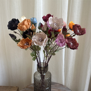 3头秋色罂粟花 仿真花欧式虞美人鱼美人家居摆放桌摆哥特式暗黑风