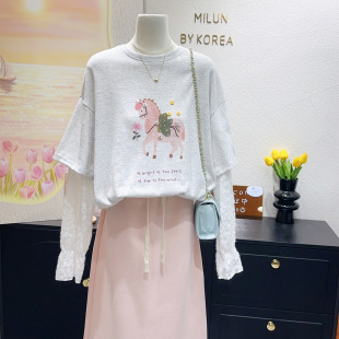 T恤大码 设计感假两件上衣手工串珠甜美长袖 韩国订单款 蕾丝荷叶袖