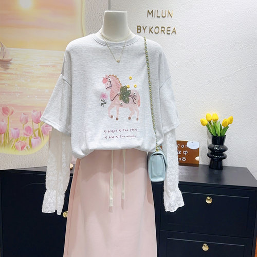 95%棉艺术甜美长袖蕾丝袖T恤大码