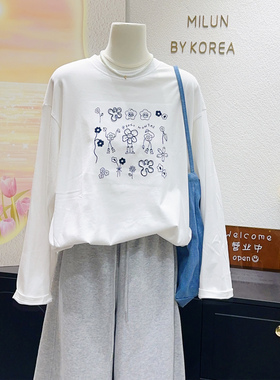 原野浪漫风~韩国订单款刺绣花朵纯棉长袖上衣2026春季白色T恤大码