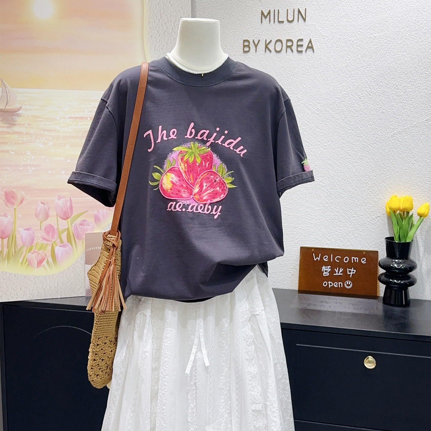 复古甜美~韩国东大门春夏草莓印花100%纯棉短袖T恤上衣宽松大码